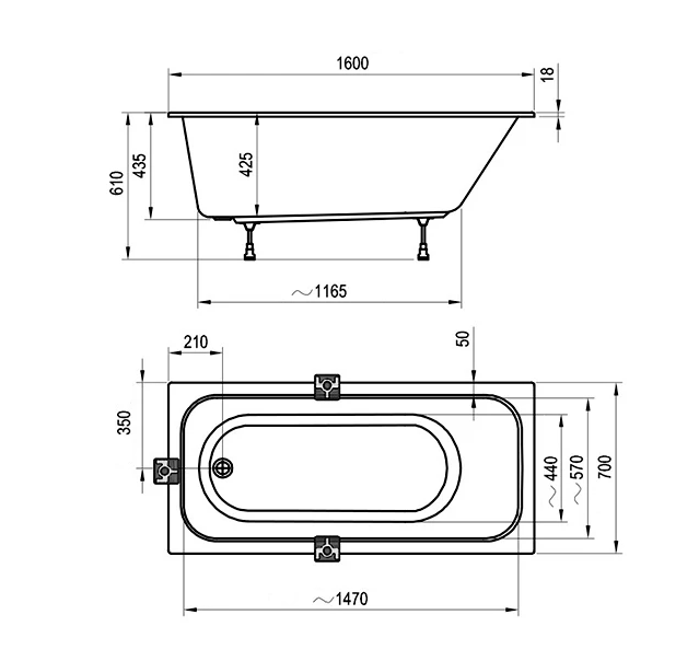 Ванна акриловая Ravak Chrome Slim C731300000 160x70 см (без опоры), белый