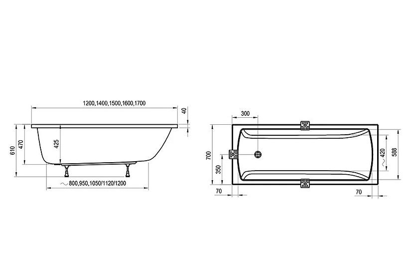 Ванна акриловая Ravak Classic II CC51000000 170x70 см (без опоры), белый