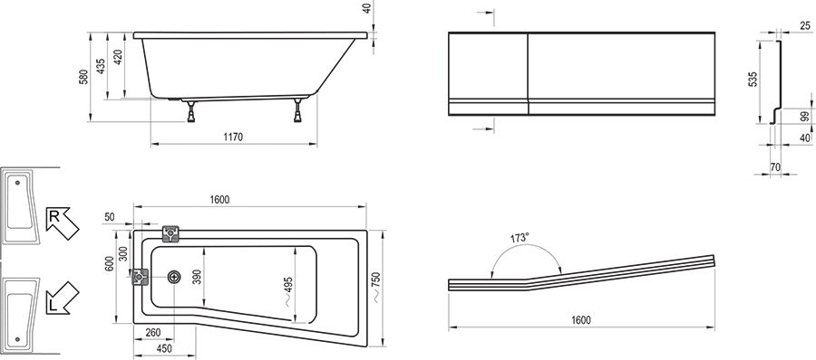 Ванна акриловая асимметричная Ravak BeHappy II C971000000 R 160x75 см правая (без опоры), белый