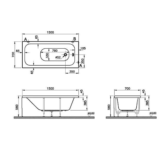 Ванна акриловая VitrA Optimum Neo 64560001000 150x70 (без опоры), белый
