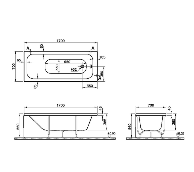 Ванна акриловая VitrA Optimum Neo 64530001000 170x70 см (без опоры), белый