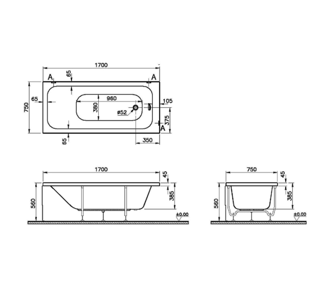 Ванна акриловая VitrA Optimum Neo 64570001000 170x75 см (без опоры), белый