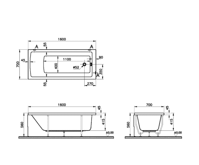 Ванна акриловая VitrA Neon 52520001000 160x70 см (без опоры), белый
