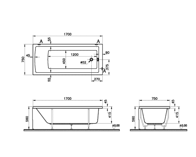 Ванна акриловая VitrA Neon 52280001000 170x75 см (без опоры), белый