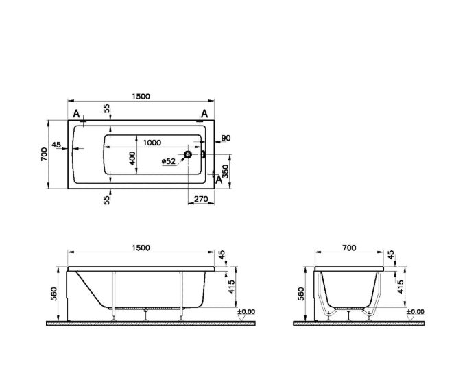 Ванна акриловая VitrA Neon 52510001000 150x70 см (без опоры), белый