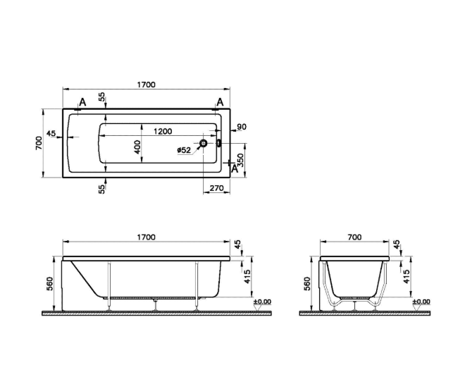 Ванна акриловая VitrA Neon 52530001000 170x70 см (без опоры), белый