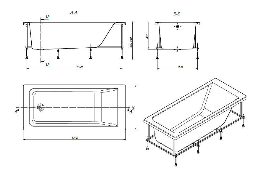 Ванна акриловая Roca Easy ZRU9302905 170x70 см (без опоры), белый