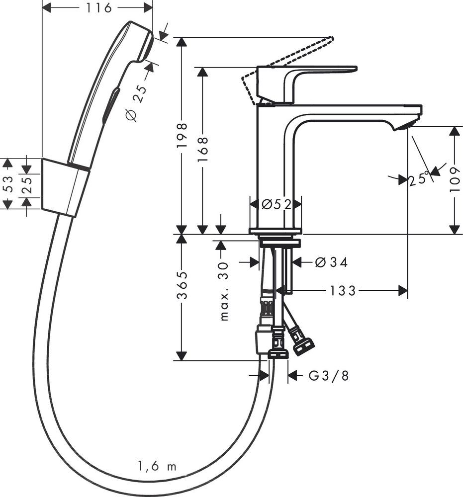 Смеситель для раковины Hansgrohe Rebris E 72216000 (с гигиеническим душем)