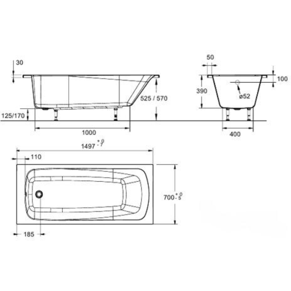 Ванна акриловая Jacob Delafon Patio E6810RU-01 150х70 см (с фронтальной панелью E6121RU-01), белый
