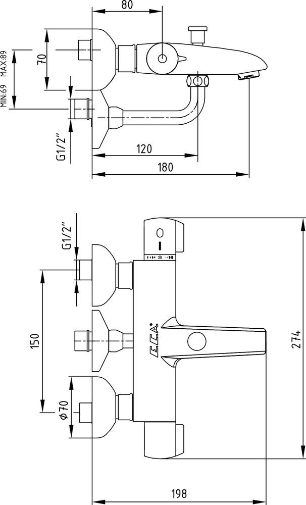 Смеситель для ванны термостатический E.C.A. Thermostatic 102102340EX, хром