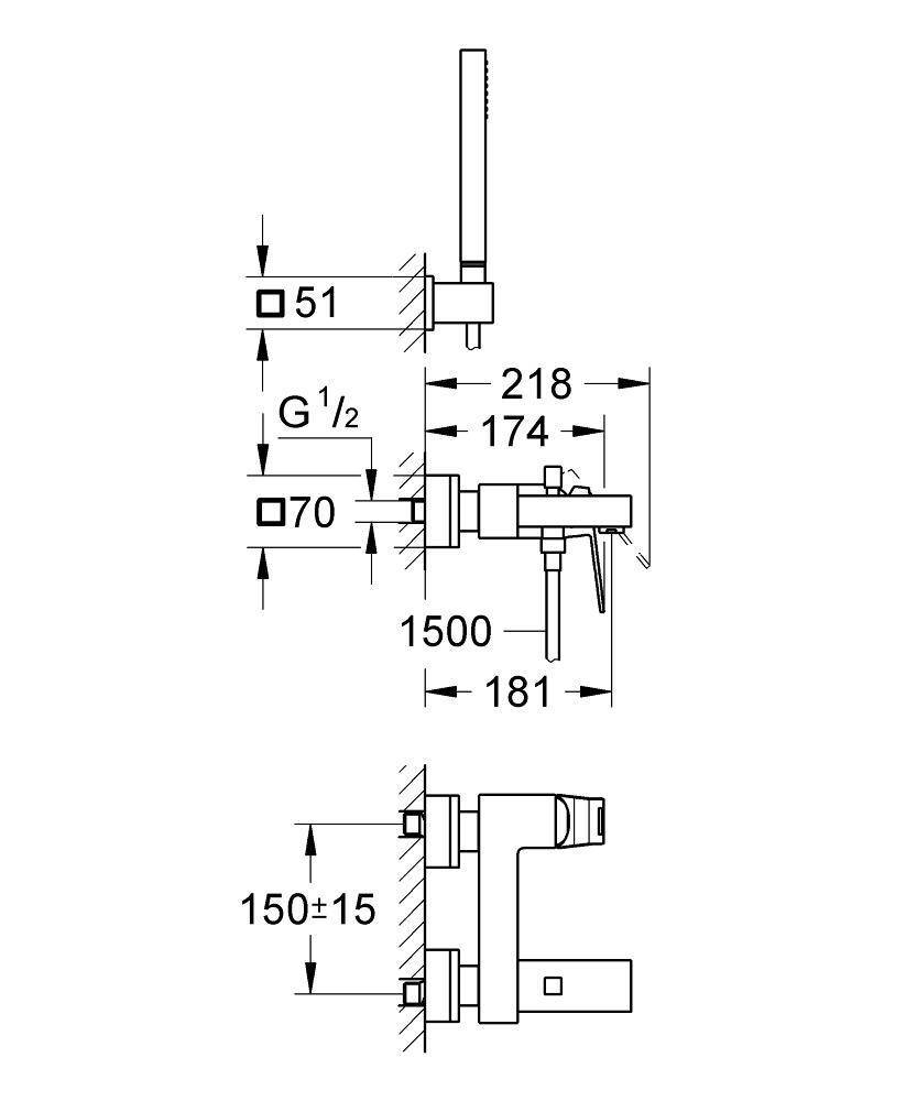 Смеситель для ванны Grohe Eurocube 23141000 (с душевым гарнитуром), хром