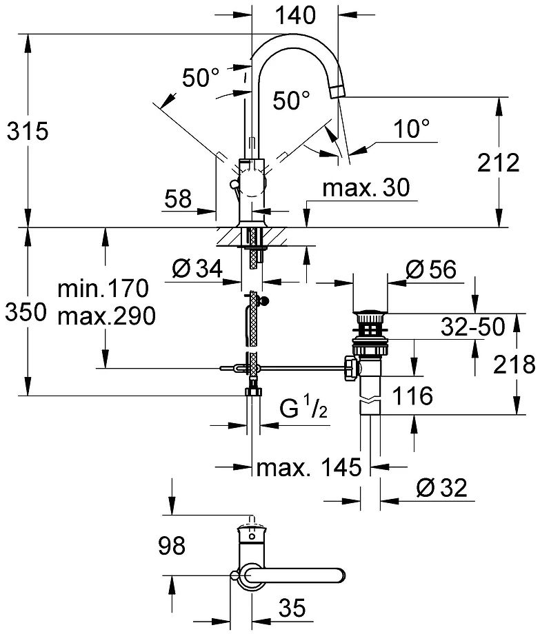 Смеситель для раковины Grohe BauClassic DN 15 23095000 (с донным клапаном), хром