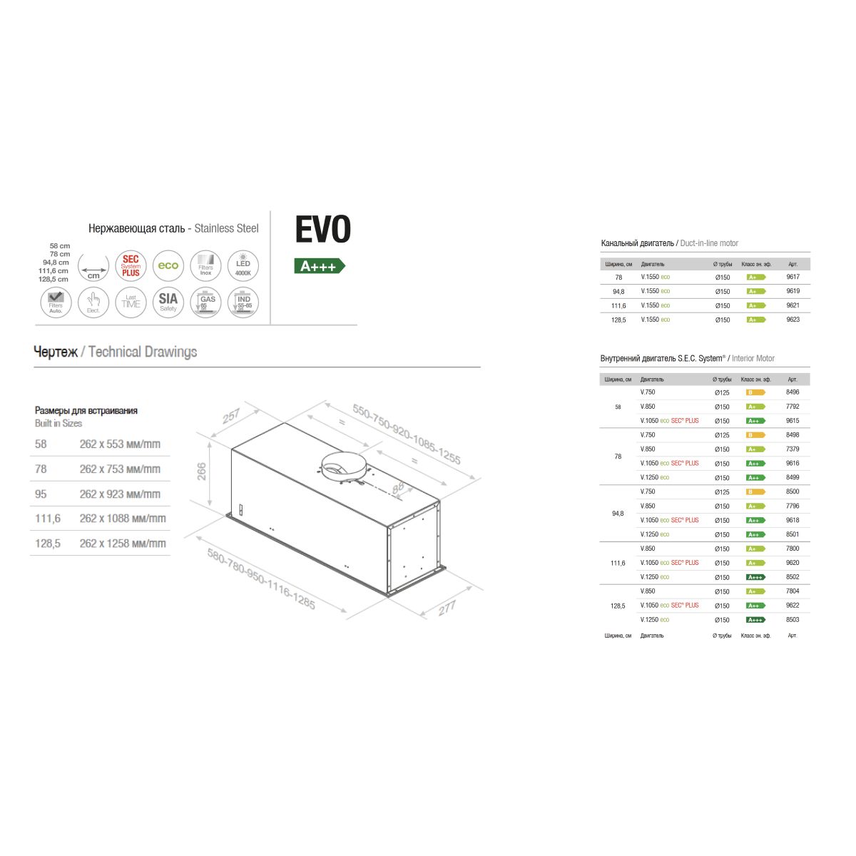 Вытяжка встраиваемая PANDO EVO/580 INOX V.1050 ECO PLUS