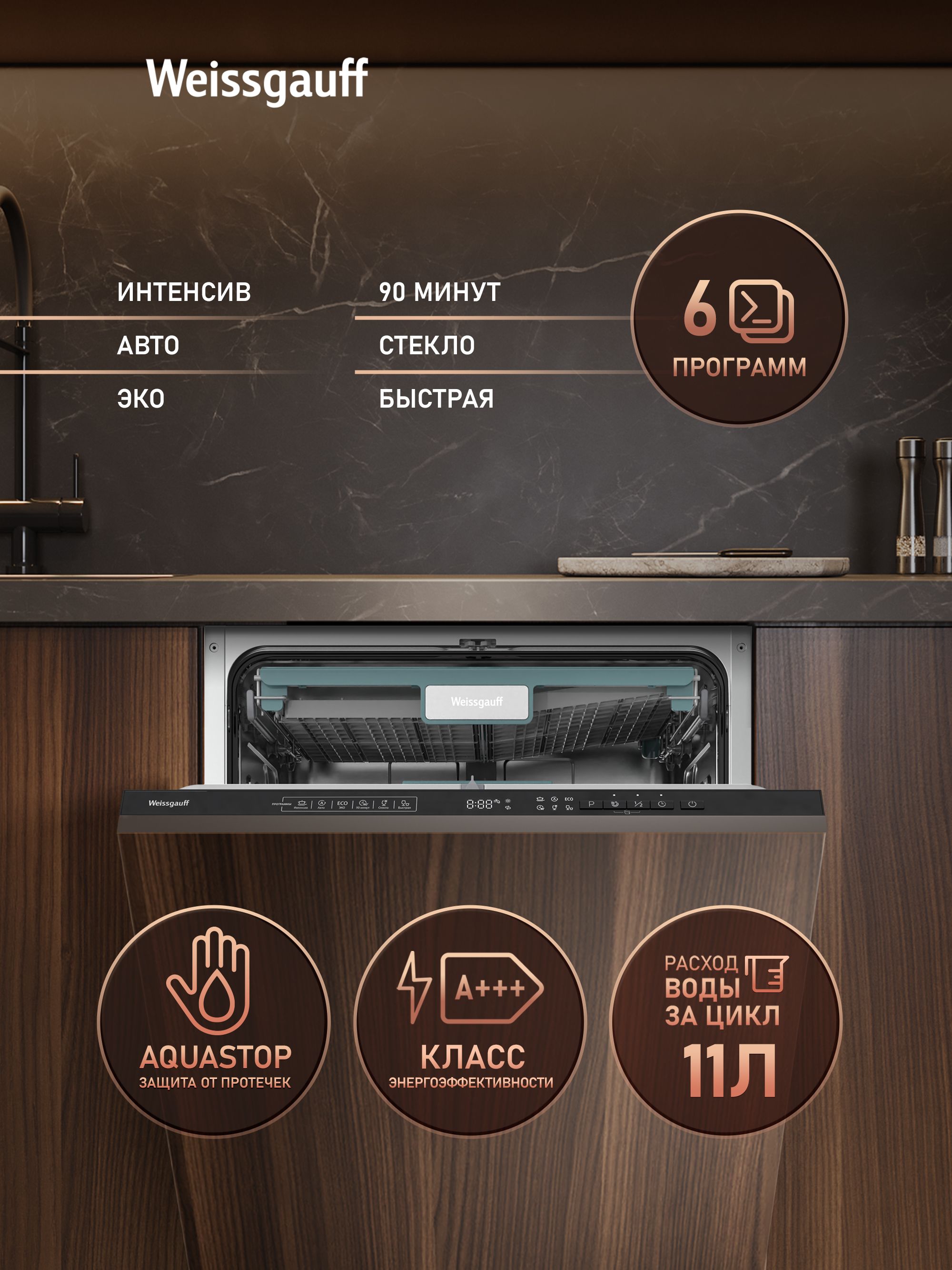 Посудомоечная машина встраиваемая Weissgauff BDW 6135 D Inverter AutoOpen Timer Floor